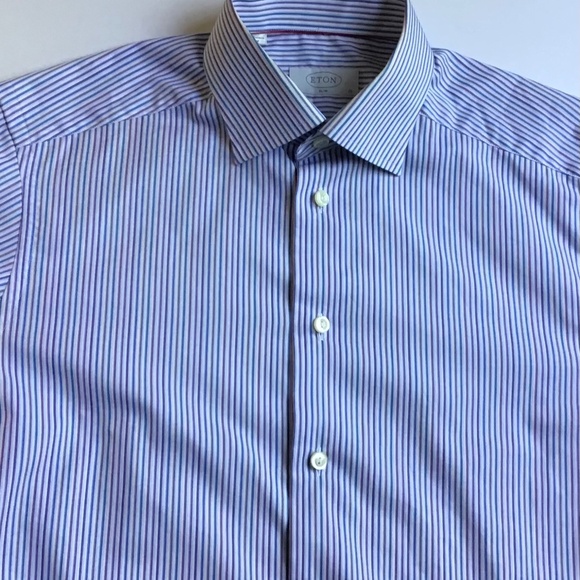 ETON slim light blue & brown pinstriped cotton shirt Sz 15 made in Europe - Picture 4 of 8
